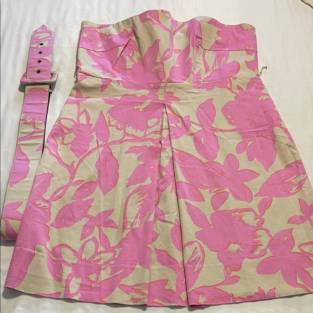 New York & Company Pink and Cream Strapless Dress with Pockets